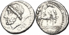 L. and C. Memmius L.f. Galeria. AR Denarius, 87 BC. D/ Head of Saturn left, laureate; behind, harpa; below, EX. SC. R/ Venus in biga right, Cupid flie...