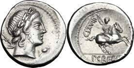 Pub. Crepusius. AR Denarius, 82 BC. D/ Head of Apollo right, laureate, sceptre over shoulder; behind, C; below chin, poppy-head. R/ Horseman galloping...