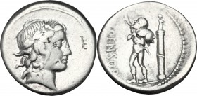 L. Marcius Censorinus. AR Denarius, 82 BC. D/ Head of Apollo right, laureate. R/ Marsyas standing left, holding wine-skin; behind, column with statue ...