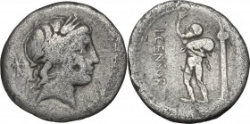 L. Marcius Censorinus. AR Denarius, 82 BC. Pair number: 36. D/ Head of Apollo right, laureate; to left, fulmen. R/ The satyr Marsyas standing left, wi...