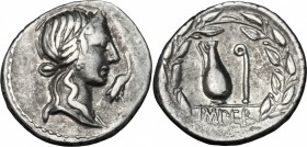 Q. Caecilius Metellus Pius. AR Denarius, 81 BC. D/ Head of Pietas right, diademed; before, stork. R/ Jug and lituus; in exergue, IMPER. All within wre...