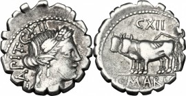 C. Marius C.f. Capito. AR Denarius serratus, 81 BC. D/ Bust of Ceres right, head bound with corn-wreath, draped; before, branch. R/ Ploughman with yok...