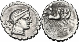 C. Naevius Balbus. AR Denarius serratus, 79 BC. D/ Head of Venus right, diademed. R/ Victory in triga right. Cr. 382/1b; B.6. AR. g. 3.81 mm. 20.00 Fr...