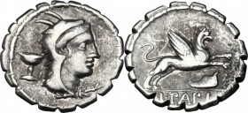 L. Papius. AR Denarius serratus, 79 BC. D/ Head of Juno Sospita right; behind, chalice. R/ Griffin leaping right. Cr. 384/1. AR. g. 3.90 mm. 19.00 Sli...