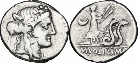 M. Volteius M. f. AR Denarius, 78 BC. D/ Head of Liber right, wearing ivy-wreath. R/ Ceres in biga of snakes right, holding torch in each hand. Cr. 38...