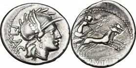L. Rutilius Flaccus. AR Denarius, 77 BC. D/ Head of Roma right, helmeted. R/ Victory in biga right, holding reins and wreath. Cr. 387/1. AR. g. 3.93 m...