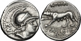 P. Satrienus. AR Denarius, 77 BC. D/ Head of Roma right, helmeted; behind, XVI. R/ She-wolf left, raising right foreleg. Cr. 388/1b. B. 1. AR. g. 3.88...