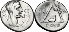 P. Sulpicius Galba. AR Denarius, 69 BC. D/ Head of Vesta right, veiled. R/ Knife, simpulum and ornamented axe. Cr. 406/1. B. 6. AR. g. 3.79 mm. 17.00 ...