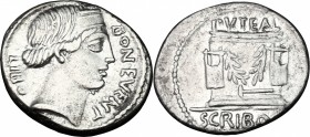 Repubblica Romana. Libo Scribonius. AR Denarius, 62 BC. D/ Head of Bonus Eventus right. R/ Puteal scribonarium with garland, between two lyres. Cr. 41...