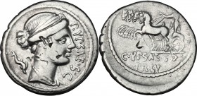 P. Plautius Hypsaeus. AR Denarius, 60 BC. D/ Bust of Leuconoe right, draped; behind, dolphin. R/ Jupiter in quadriga left. Cr. 420/2a. B. 12. AR. g. 3...