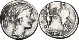 C. Servilius C.f. AR Denarius, 57 BC. D/ Head of Flora right, wearing wreath; to left, lituus. R/ Two soldiers facing each other and presenting swords...