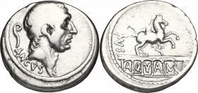 L. Marcius Philippus. AR Denarius, 56 BC. D/ Head of Ancus Marcius right, diademed; behind, lituus; below, ANCVS. R/ PHILIPPVS. Equestrian statue righ...