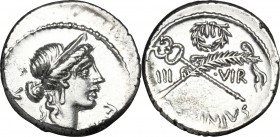 Q. Sicinius. AR Denarius, 49 BC. D/ Head of Fortune right, diademed. R/ Caduceus and palm in saltire; above, laurel-wreath. Cr. 440/1. B. 5. AR. g. 3....