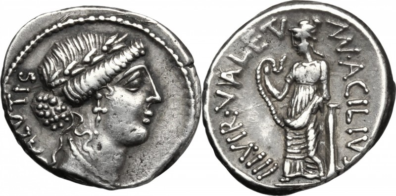 Man. Acilius Glabrio. AR Denarius, 49 BC. D/ Head of Salus right, laureate; behi...