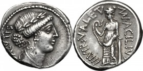 Man. Acilius Glabrio. AR Denarius, 49 BC. D/ Head of Salus right, laureate; behind, SALVTIS upwards. R/ MN ACILIVS III VIR VALETV. Valetudo standing l...