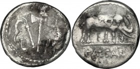 Julius Caesar. AR Denarius, Uncertain mint, 49-48 BC. D/ Simpulum, aspergillum, axe and apex. R/ Elephant right; before, snake or dragon. Cr. 443/1. A...