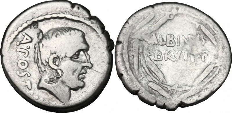 Albinus Bruti f. AR Denarius, 48 BC. D/ Bare head of the consul Aulus Postumius ...