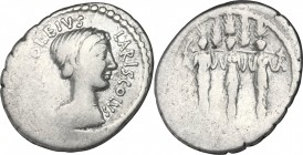 P. Accoleius Lariscolus. AR Denarius, 43 BC. D/ Bust of Diana Nemorensis right, draped. R/ Triple cult statue of Diana Nemorensis (Diana, Hecate and S...