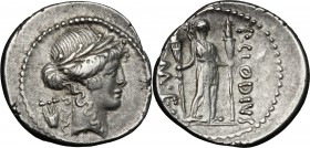 P. Clodius M.f. Turrinus. AR Denarius, 42 BC. D/ Head of Apollo right, laureate, behind, lyre. R/ Diana standing facing, head right, holding two torch...