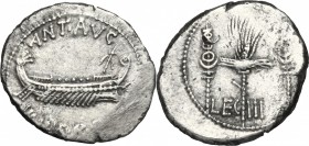 Mark Antony. AR Denarius, 32-31 BC. D/ Praetorian galley right. R/ LEG III. Legionary eagle between two standards. Cr. 544/15. AR. g. 3.73 mm. 19.00 S...