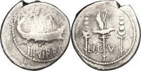 Mark Antony. AR Denarius, 32-31 BC. Legionary type. Patrae(?) mint. D/ Praetorian galley right. R/ Aquila between two signa; LEG V across lower field....