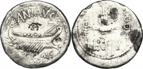 Mark Antony. AR Denarius, 32-31 BC. Legionary type. Patrae(?) mint. D/ Praetorian galley right. R/ Aquila between two signa; LEG V across lower field....