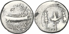 Mark Antony. AR Denarius, 32-31 BC, mint moving with M. Antony. D/ Praetorian galley right. R/ LEG X. Legionary eagle between two standards. Cr. 544/2...