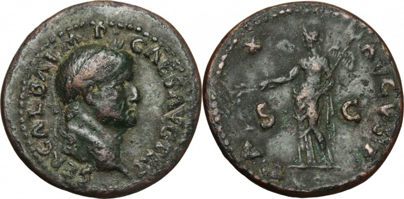 Galba (68-69). AE Dupondius. D/ Head right, laureate. R/ Pax standing left, hold...