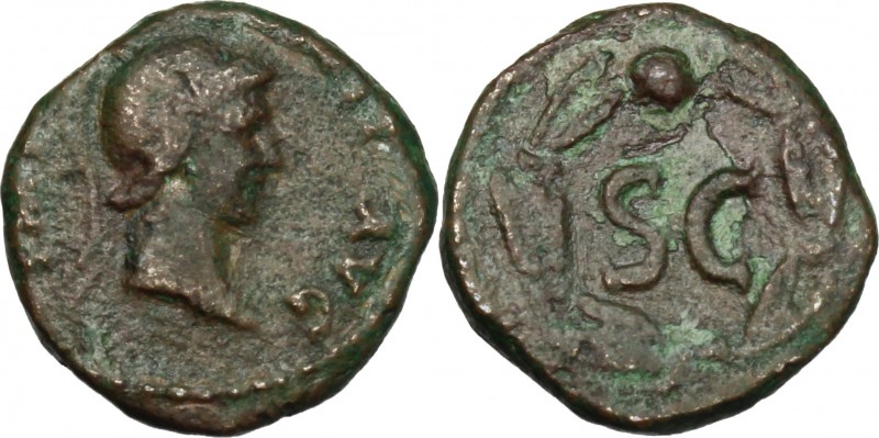 Domitian (81-96). AE Quadrans, 81-82. D/ Head of Minerva right, helmeted. R/ Lar...