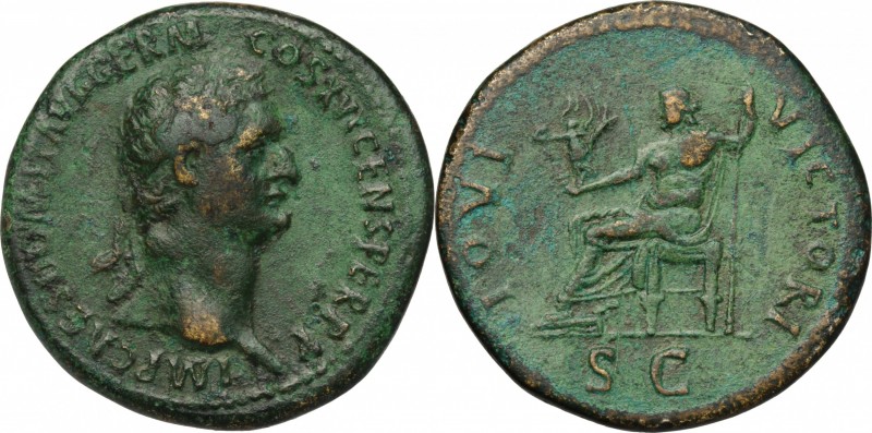 Domitian (81-96). AE Sestertius, 90-91. D/ Head right, laureate. R/ Jupiter seat...