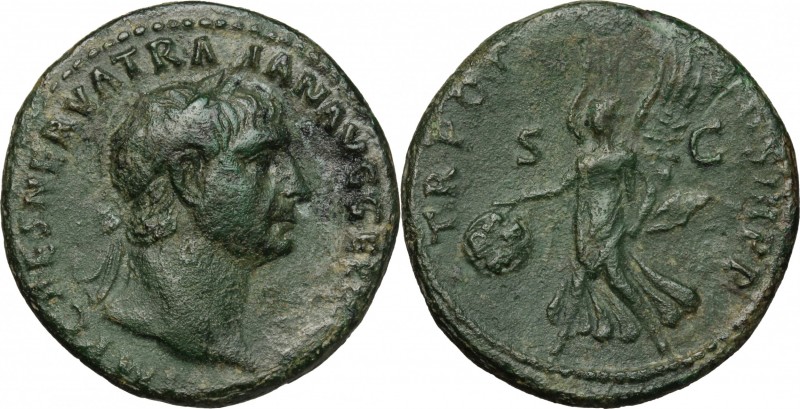 Trajan (98-117). AE As, 99-100. D/ Head right, laureate. R/ Victory flying left,...