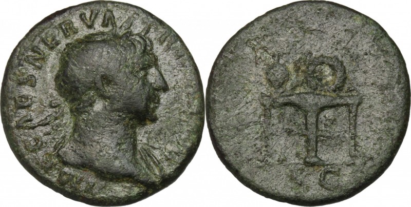 Trajan (98-117). AE Semis, 114-117. D/ Bust right, laureate, draped on left shou...