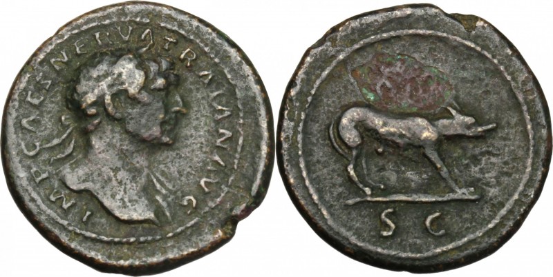 Trajan (98-117). AE Quadrans, 114-117. D/ Bust right, laureate. draped on left s...