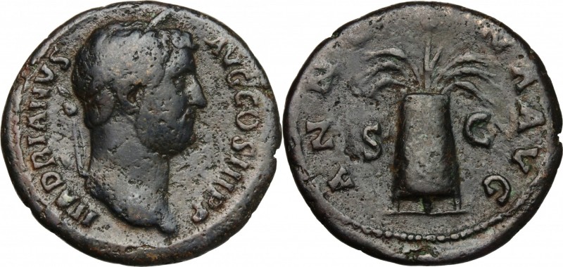 Hadrian (117-138). AE As, 134-138. D/ Head right, laureate. R/ Modius with one p...