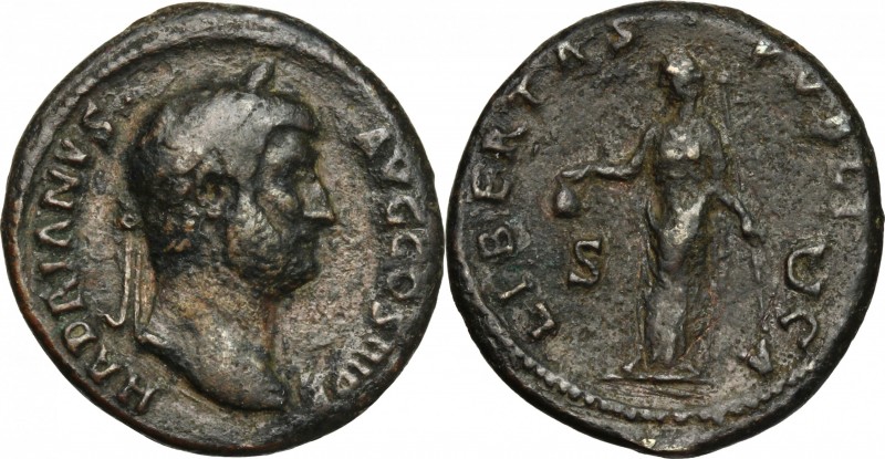 Hadrian (117-138). AE As, 134-138. D/ Head right, laureate. R/ Libertas standing...