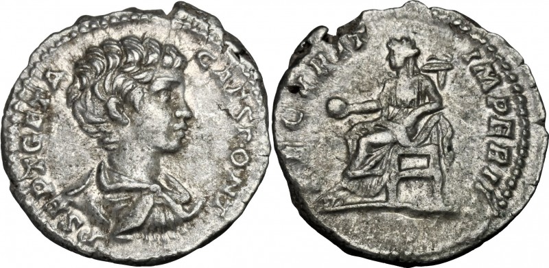 Geta (198-212). AR Denarius, 200-202. D/ Bust right, draped, cuirassed. R/ Secur...