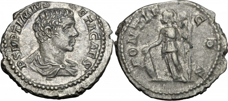 Geta (198-212). AR Denarius, 203-208. D/ Bust right, draped. R/ Minerva standing...