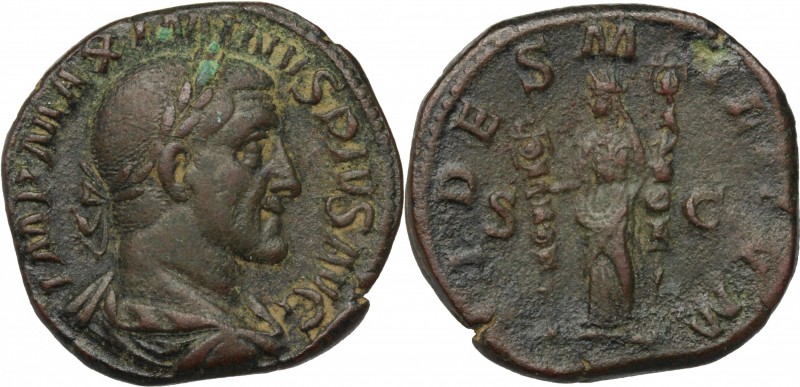 Maximinus Thrax (235-238). AE Sestertius, 235-236. D/ Bust right, laurate, drape...