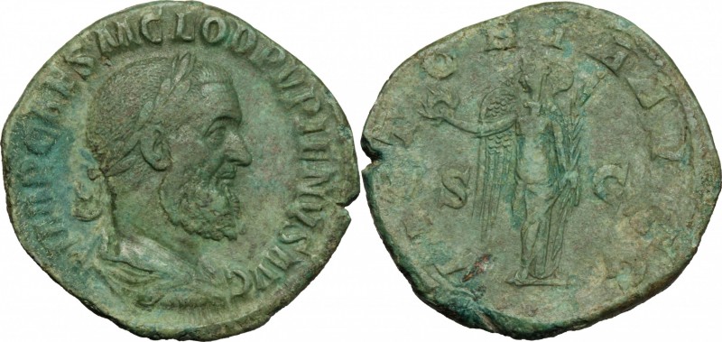 Pupienus (238 AD). AE Sestertius. D/ Bust right, laureate, draped,cuirassed. R/ ...