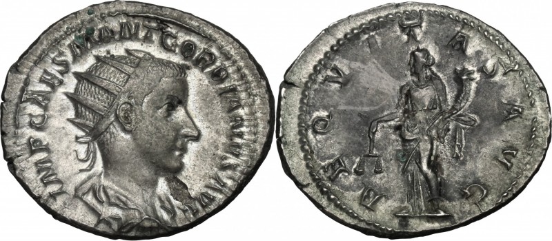 Gordian III (238-244). AR Antoninianus, 240 AD. D/ Bust right, radiate, draped, ...