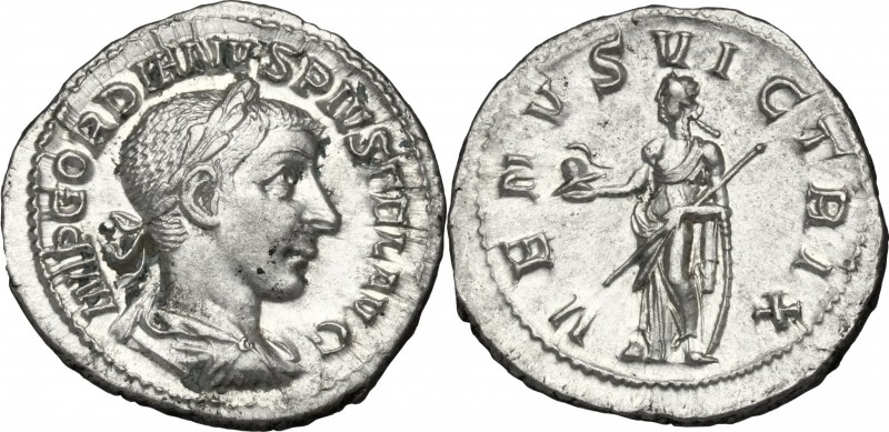 Gordian III (238-244). AR Denarius, Rome mint, 240 AD. D/ Laureate, draped and c...