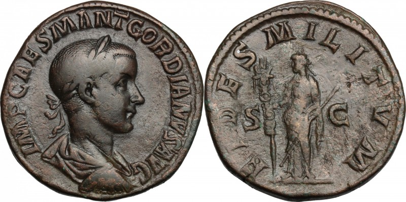 Gordian III (238-244). AE Sestertius, 238-239. D/ Bust right, laureate, draped, ...