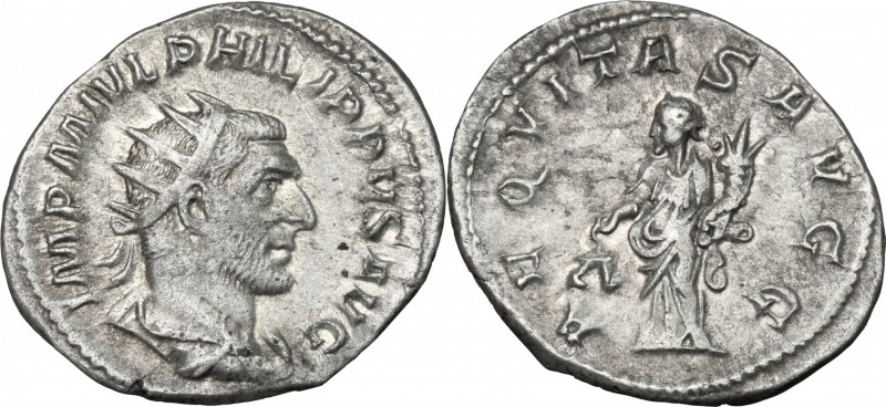 Philip I (244-249). AR Antoninianus, 247-249. D/ Bust right, radiate, draped, cu...