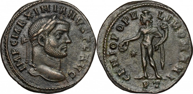 Maximian (286-310). AE Follis, Ticinum mint, 396-297. D/ Head right, laureate. R...