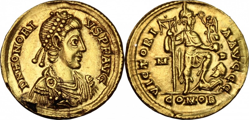 Honorius (393-423). AV Solidus, Mediolanum mint, 394-395. D/ Bust right, diademe...