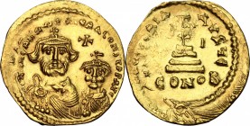 Heraclius, with Heraclius Constantine (610-641). AV Solidus, Jerusalem mint (?), 619-620. D/ Busts of Heraclius and Heraclius Constantine facing, crow...
