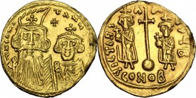 Constans II, with Constantine IV, Heraclius, and Tiberius (641-668). AV Solidus, Constantinople mint. D/ Bust of Constans II (long beard) and Constant...