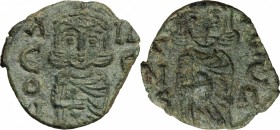 Constantine V Copronymus with Leo IV (751-775). AE Follis. Syracuse mint. Struck 751-775 AD. D/ Constantine, bearded, standing facing, wearing crown a...