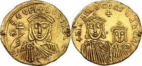 Theophilus (829-842). AV Solidus, Constantinople mint. D/ Bust facing, crowned, draped, holding patriarchal cross. R/ Busts of Michael II and Constant...