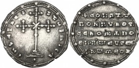 Constantine VII (913-959) and Romanus I (920-944). AR Miliaresion, Constantinople mint. D/ Cross crosslet on thee steps. R/ Inscription in five lines....